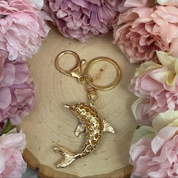 Black White & Gold Crystal Dolphin Charm Keychain - Picture 15 of 16